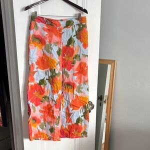Floral Print Linen Pant - Orange & Green